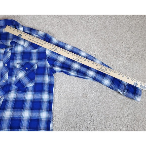 Wrangler Wrancher Men's Flannel Shirt Blue Plaid Long Sleeve Size L Pearl Snaps - Picture 9 of 16